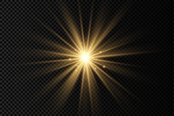 Resplandor estrella de luz brillante, rayos de sol amarillos, sol. — Vector de stock