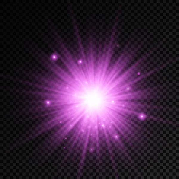 Resplandor estrella de luz brillante, rayos de sol púrpura, sol. — Vector de stock