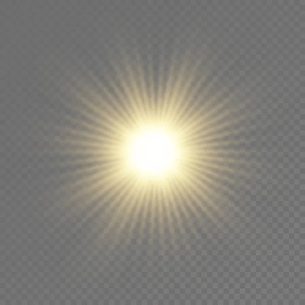 Resplandor estrella de luz brillante, rayos de sol amarillos, sol. — Vector de stock