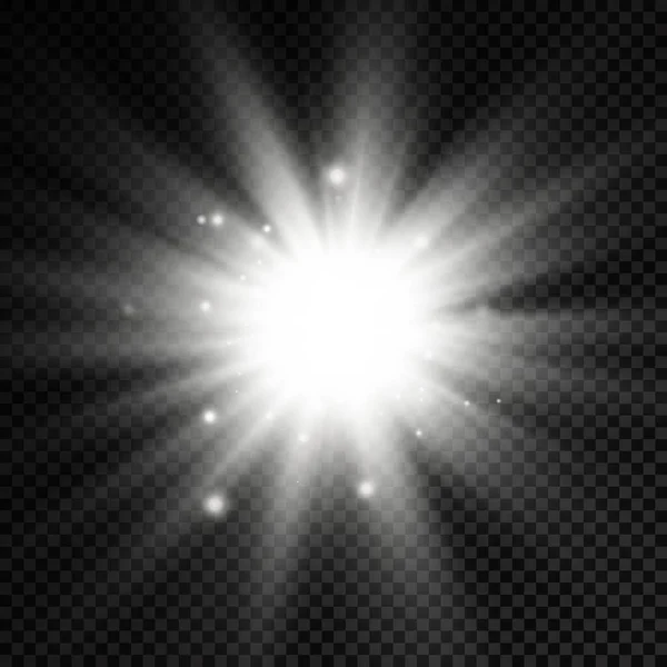 Svítící jasná hvězda, bílé sluneční paprsky, sluneční svit. — Stockový vektor