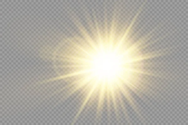 Brilho estrela de luz brilhante, raios de sol amarelos, bokeh. — Vetor de Stock