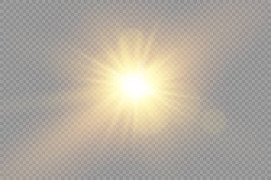 Parlak bir yıldız, parlak bir yıldız, şeffaf bir arkaplanda parlayan bir ışık, sarı güneş ışınları, altın ışık efekti, ışıldayan ışınlar, bokeh etkisi, vektör illüstrasyonu