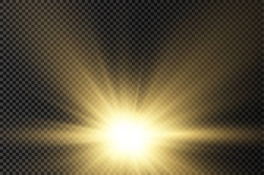 Şeffaf arkaplanda yıldız patlaması, sarı parıltılı ışıklar güneş ışınları, ışık ve sihirli ışıltılarla özel efektler, parlak ve parlak altın yıldız, vektör çizimi, 10 birim.