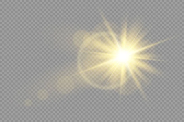 輝く星 輝く明るい星 透明な背景の輝く光のバースト 黄色の太陽光線 金色の光の効果 光線で太陽のフレア ボケ効果 ベクトルイラスト — ストックベクタ