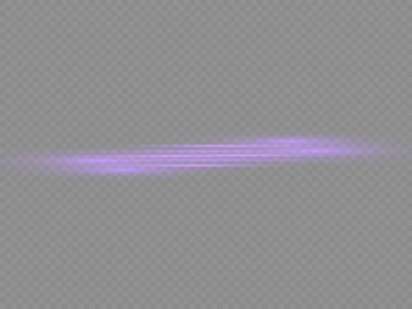 Yatay ışık ışınları, parlak mor yatay lensler, lazer ışınları, şeffaf arkaplanda parlak menekşe çizgileri, güzel ışık parlamaları, parlak parlaklıklar, vektör illüstrasyonu, 10 birim..