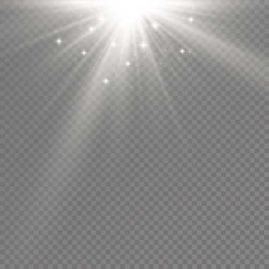 Parlak patlamalı güneş ışığı, ışık ve sihirli parıltı ışınlarıyla parlama etkisi, güneş ışınları, beyaz ışın etkisi, aydınlık ışığında bulanıklık, ön lens flaşı, vektör illüstrasyonu, 10.
