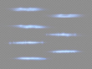 Yatay ışık ışınları, flaş mavi ışık parlamaları, lazer ışınları, şeffaf arkaplanda parlayan çizgi, güzel ışık parlamaları, parlak parlaklıklar, vektör illüstrasyonu, 10.