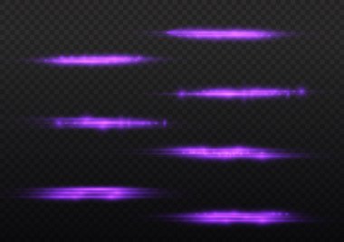 Yatay ışık ışınları, parlak mor yatay lensler, lazer ışınları, şeffaf arkaplanda parlak menekşe çizgileri, güzel ışık parlamaları, parlak parlaklıklar, vektör illüstrasyonu, 10 birim..