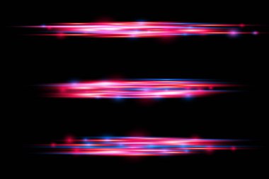 Güzel bir parıltı ve kıvılcım. Kırmızı ve mavi özel efekt. Lazer ışınları, yatay ışık ışınları. Parçacık hareketi etkisi. Hızlı çizgilerin büyüsü. Parlak, soyut, parıldayan polis çizgisi. Vektör.