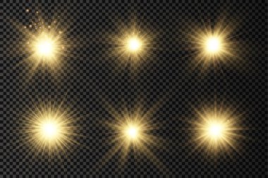 Parlak parlak bir yıldız, parlak bir yıldız, saydam bir arkaplanda sarı bir ışık patlaması, sarı güneş ışınları, altın ışık efekti, ışıltılı güneş ışığı, vektör illüstrasyonu, 10