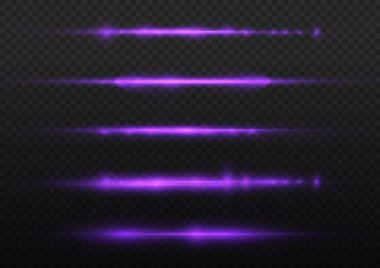 Yatay ışık ışınları, parlak mor yatay lensler, lazer ışınları, şeffaf arkaplanda parlak menekşe çizgileri, güzel ışık parlamaları, parlak parlaklıklar, vektör illüstrasyonu, 10 birim..