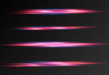 Güzel bir parıltı ve kıvılcım. Kırmızı ve mavi özel efekt. Lazer ışınları, yatay ışık ışınları. Parçacık hareketi etkisi. Hızlı çizgilerin büyüsü. Parlak, soyut, parıldayan polis çizgisi. Vektör.