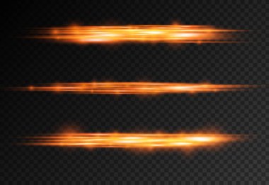 Yatay ışık ışınları, parlak turuncu ışık parlamaları, lazer ışınları, şeffaf arkaplanda parlak altın çizgiler, güzel ışık parlamaları, parlak altın parlaklığı, vektör illüstrasyonu,.