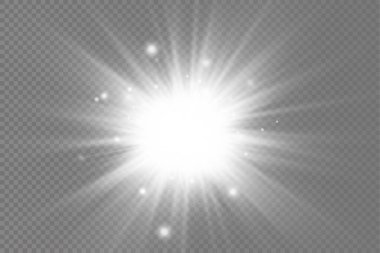 Parlak bir yıldız, parlak bir yıldız, şeffaf bir arkaplanda parlayan beyaz bir ışık patlaması, güneş ışınları, altın ışık efekti, ışıltılı ışıltı, vektör illüstrasyonu, 10