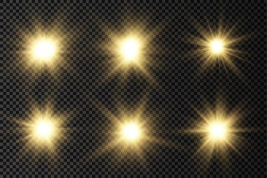 Parlak parlak bir yıldız, parlak bir yıldız, saydam bir arkaplanda sarı bir ışık patlaması, sarı güneş ışınları, altın ışık efekti, ışıltılı güneş ışığı, vektör illüstrasyonu, 10