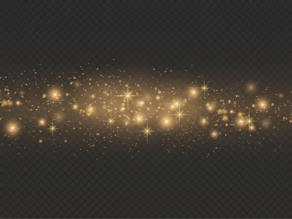 Şeffaf arkaplanda ışıldayan altın sihirli toz tanecikleri, parlak ışıklar, sarı toz kıvılcımları ve yıldızların parlaklığı özel ışık, Noel ışıltısı etkisi, vektör illüstrasyonu.