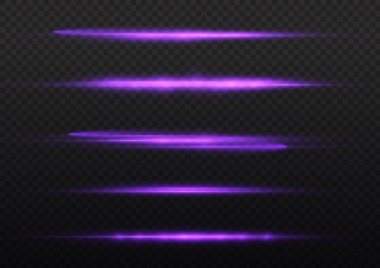 Yatay ışık ışınları, parlak mor yatay lensler, lazer ışınları, şeffaf arkaplanda parlak menekşe çizgileri, güzel ışık parlamaları, parlak parlaklıklar, vektör illüstrasyonu, 10 birim..