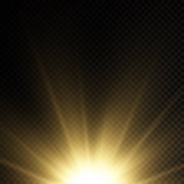 Şeffaf arkaplanda yıldız patlaması, sarı parıltılı ışıklar güneş ışınları, ışık ve sihirli ışıltılarla özel efektler, parlak ve parlak altın yıldız, vektör çizimi, 10 birim.