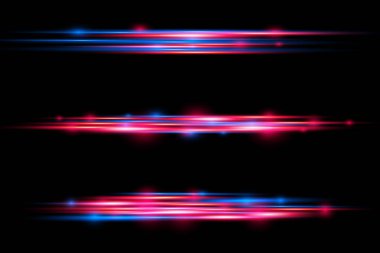 Güzel bir parıltı ve kıvılcım. Kırmızı ve mavi özel efekt. Lazer ışınları, yatay ışık ışınları. Parçacık hareketi etkisi. Hızlı çizgilerin büyüsü. Parlak, soyut, parıldayan polis çizgisi. Vektör.