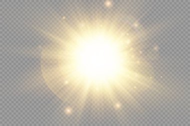 Parlak yıldız, parlak yıldız, şeffaf arkaplanda parlayan ışık, sarı güneş ışınları, altın ışık efekti, ışıltılı güneş ışığı, bokeh etkisi, altın parıltısı, vektör illüstrasyonu