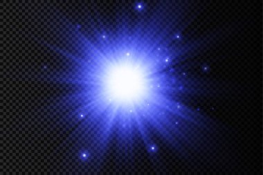 Parlak bir yıldız, parlak bir yıldız, şeffaf bir arkaplanda mavi bir ışık patlaması, güneş ışınları, ışık efekti, ışıltı ışınları, vektör illüstrasyonu, 10