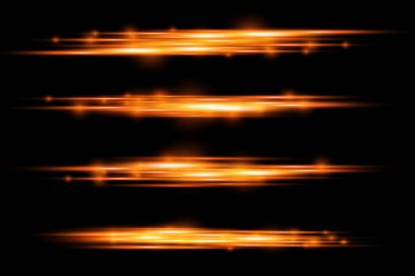 Yatay ışık ışınları, parlak turuncu ışık parlamaları, lazer ışınları, siyah arka planda parıldayan altın çizgiler, güzel ışık parlamaları, parlak altın parlaklığı, vektör çizimleri,.