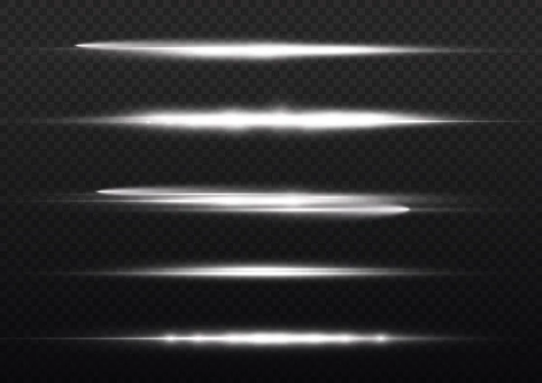 水平光線 フラッシュホワイト水平レンズフレアパック レーザービーム 透明背景のグローホワイトライン 美しいライトフレア 明るいグレア ベクトルイラスト Eps — ストックベクタ