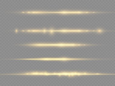 Yatay ışık ışınları, şeffaf arkaplanda parlak sarı çizgi, sarı yatay lens fişekleri, lazer ışınları, güzel ışık parlamaları, parlak altın parlaklığı, resimleme.