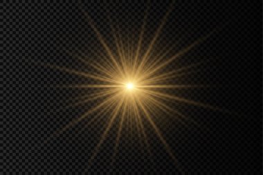 Parlak Yıldız. Yıldız parlaklıkla patladı. Sarı parlak ışık şeffaf bir arkaplanda patlar. Altın ışık efekti. Işıltılı bir ışık parlaması. Sarı güneş ışınları. 