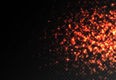 Toz kıvılcımları ve kırmızı yıldızlar özel ışıkla parlıyor. Şeffaf arka planda kırmızı parıltılar. Pankart, poster ve tebrik kartları için bir şablon tasarla. Noel deseni. 