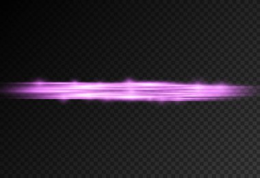 Yatay ışık ışınları, parlak mor yatay lensler, lazer ışınları, şeffaf arkaplanda parlak menekşe çizgileri, güzel ışık parlamaları, parlak parlaklıklar, vektör illüstrasyonu, 10 birim..