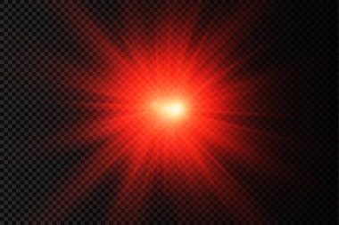 Parlak bir yıldız, parlak bir yıldız, şeffaf bir arkaplanda kırmızı bir ışık patlaması, güneş ışınları, ışık efekti, ışıltı ışınları, vektör illüstrasyonu, 10