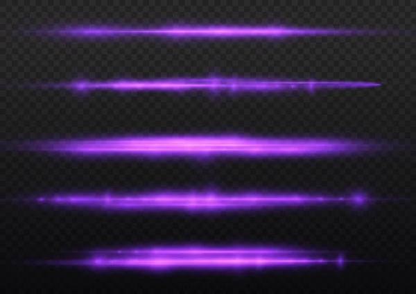 水平光線 フラッシュ紫水平レンズフレアパック レーザービーム 透明背景のグローバイオレットライン 美しいライトフレア 明るいグレア ベクトルイラスト Eps — ストックベクタ