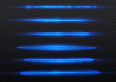 Yatay ışık ışınları, flaş mavi ışık parlamaları, lazer ışınları, şeffaf arkaplanda parlayan çizgi, güzel ışık parlamaları, parlak parlaklıklar, vektör illüstrasyonu, 10.