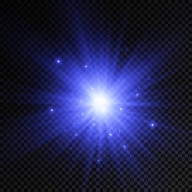 Parlak bir yıldız, parlak bir yıldız, şeffaf bir arkaplanda mavi bir ışık patlaması, güneş ışınları, ışık efekti, ışıltı ışınları, vektör illüstrasyonu, 10