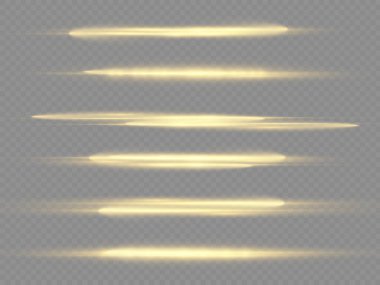 Yatay ışık ışınları, parlayan sarı yatay mercek fişekleri, lazer ışınları, şeffaf arkaplanda parıldayan altın çizgiler, güzel ışık parlamaları, parlak altın parlaklığı, vektör illüstrasyonu,.
