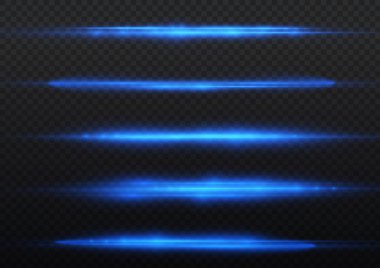 Yatay ışık ışınları, flaş mavi ışık parlamaları, lazer ışınları, şeffaf arkaplanda parlayan çizgi, güzel ışık parlamaları, parlak parlaklıklar, vektör illüstrasyonu, 10.