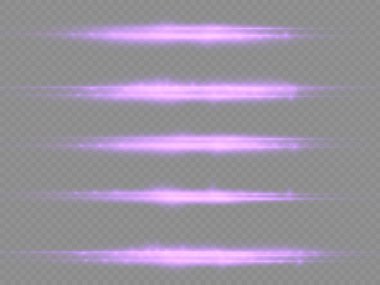 Yatay ışık ışınları, parlak mor yatay lensler, lazer ışınları, şeffaf arkaplanda parlak menekşe çizgileri, güzel ışık parlamaları, parlak parlaklıklar, vektör illüstrasyonu, 10 birim..