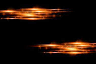 Yatay ışık ışınları, parlak turuncu ışık parlamaları, lazer ışınları, siyah arka planda parıldayan altın çizgiler, güzel ışık parlamaları, parlak altın parlaklığı, vektör çizimleri,.