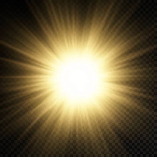 輝く星 輝く明るい星 透明な背景に黄色の輝く光バースト 黄色の太陽光線 黄金の光効果 光線で太陽のフレア ベクトル図 Eps — ストックベクタ