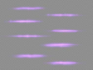 Yatay ışık ışınları, parlak mor yatay lensler, lazer ışınları, şeffaf arkaplanda parlak menekşe çizgileri, güzel ışık parlamaları, parlak parlaklıklar, vektör illüstrasyonu, 10 birim..