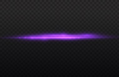 Yatay ışık ışınları, parlak mor yatay lensler, lazer ışınları, şeffaf arkaplanda parlak menekşe çizgileri, güzel ışık parlamaları, parlak parlaklıklar, vektör illüstrasyonu, 10 birim..
