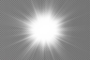 Parlak bir yıldız, parlak bir yıldız, şeffaf bir arkaplanda parlayan beyaz bir ışık patlaması, güneş ışınları, altın ışık efekti, ışıltılı ışıltı, vektör illüstrasyonu, 10