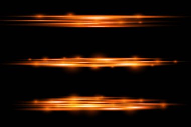 Yatay ışık ışınları, parlak turuncu ışık parlamaları, lazer ışınları, siyah arka planda parıldayan altın çizgiler, güzel ışık parlamaları, parlak altın parlaklığı, vektör çizimleri,.