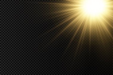 Parlak patlamalı güneş ışığı, ışık ve sihirli parıltı ışınlarıyla parlama efekti, güneş ışınları, sarı ışık efekti, aydınlık ışığında bulanıklık, ön lens flaşı, vektör illüstrasyonu, 10.