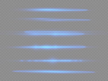 Yatay ışık ışınları, flaş mavi ışık parlamaları, lazer ışınları, şeffaf arkaplanda parlayan çizgi, güzel ışık parlamaları, parlak parlaklıklar, vektör illüstrasyonu, 10.
