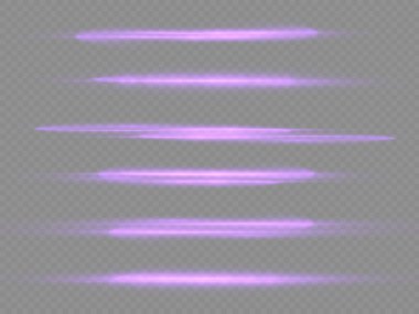 Yatay ışık ışınları, parlak mor yatay lensler, lazer ışınları, şeffaf arkaplanda parlak menekşe çizgileri, güzel ışık parlamaları, parlak parlaklıklar, vektör illüstrasyonu, 10 birim..