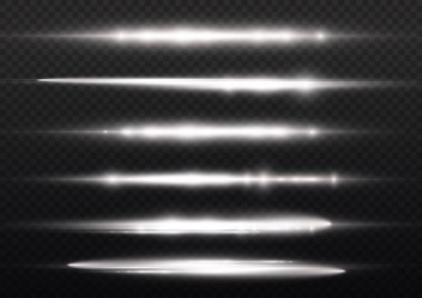 Yatay ışık ışınları, flaş beyaz yatay lens fişekleri, lazer ışınları, şeffaf arkaplanda parlak beyaz bir çizgi, güzel bir ışık parlaması, parlak altın parıltısı, vektör illüstrasyonu,.