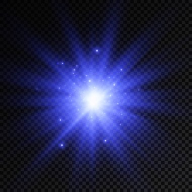 Parlak bir yıldız, parlak bir yıldız, şeffaf bir arkaplanda mavi bir ışık patlaması, güneş ışınları, ışık efekti, ışıltı ışınları, vektör illüstrasyonu, 10