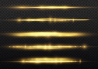 Yatay ışık ışınları, parlayan sarı yatay mercek fişekleri, lazer ışınları, şeffaf arkaplanda parıldayan altın çizgiler, güzel ışık parlamaları, parlak altın parlaklığı, vektör illüstrasyonu,.